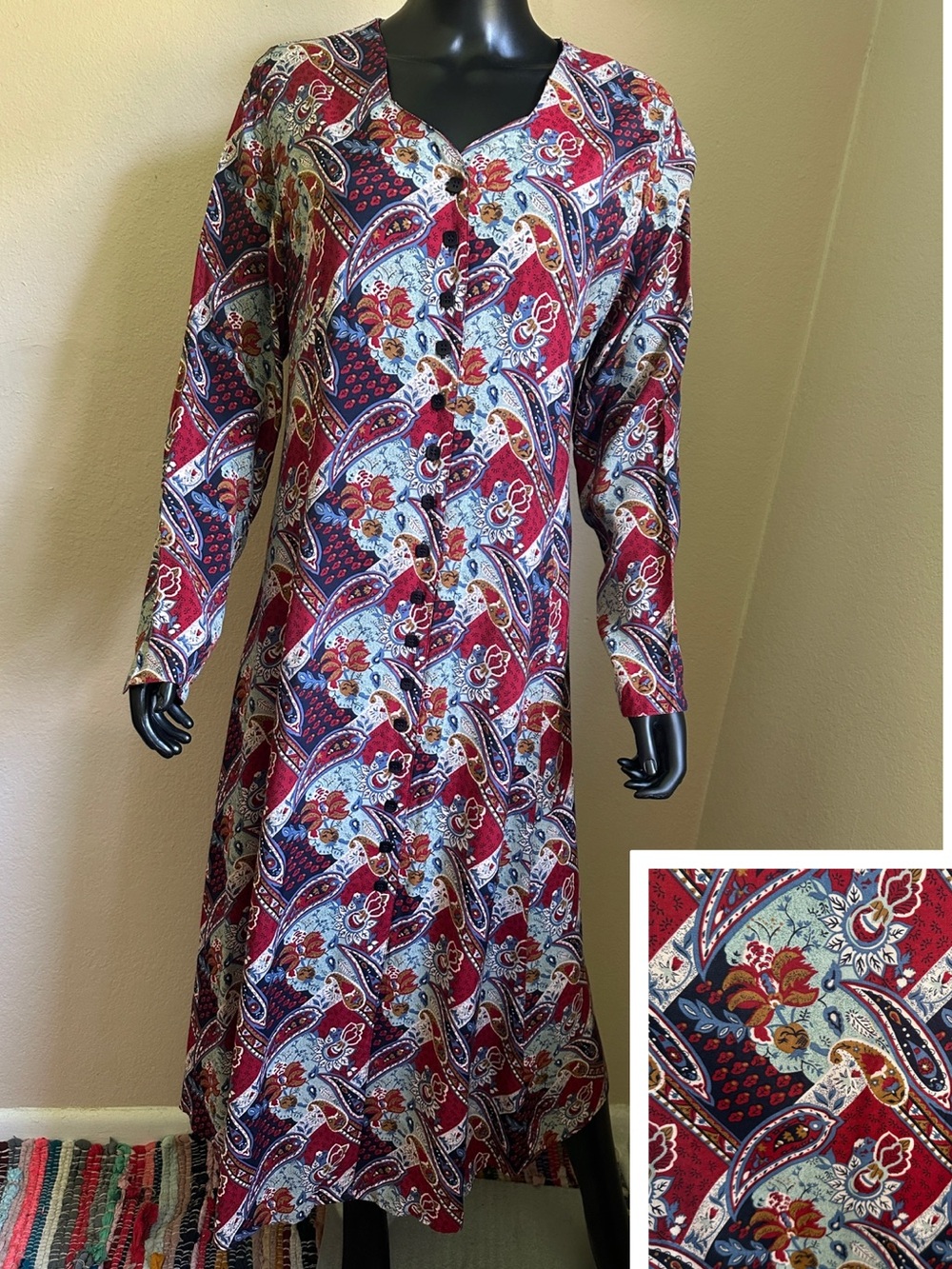 Vintage Erika Burgundy Paisley Button-Front Lace-Up Back Long Sleeve Maxi Dress - Picture 2 of 16